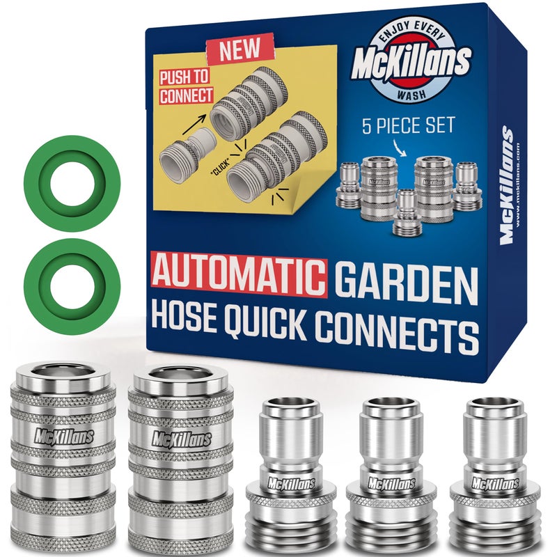McKillans 2025 Automatic Garden Hose Quick Connect [Universal FIT] - Stainless Steel Quick Connect Hose Fittings - Water Hose Connectors - Quick Disconnect Adapter - Instant Connection - 5 Pc Kit - Image 1